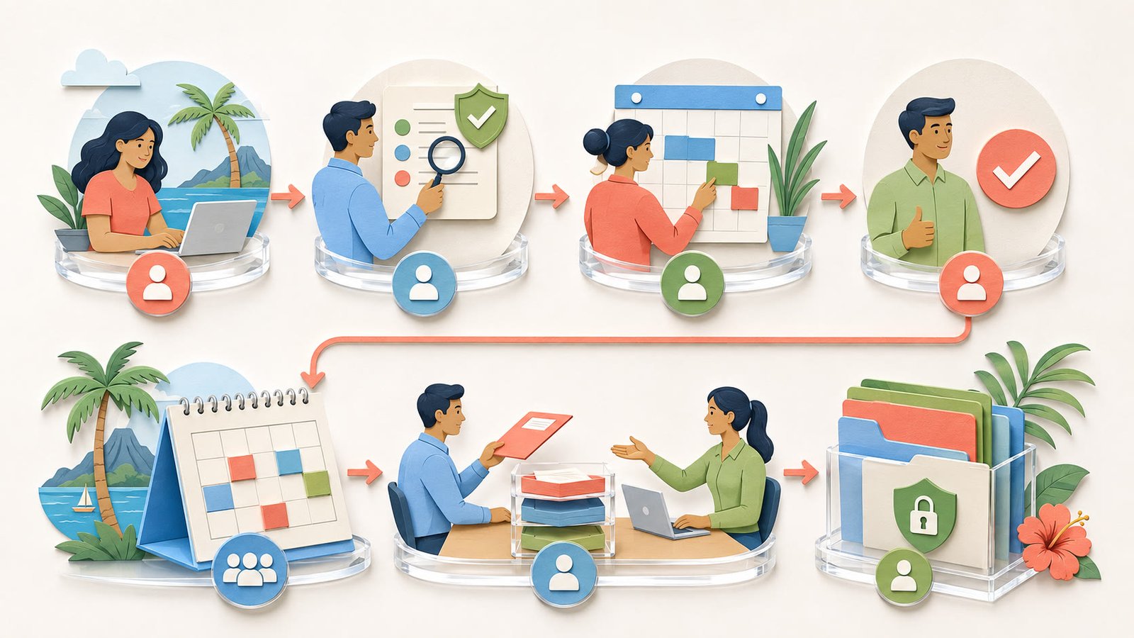 Mauritius annual leave workflow connecting current rules, employee eligibility, request, manager approval, leave ledger, payroll, and review
