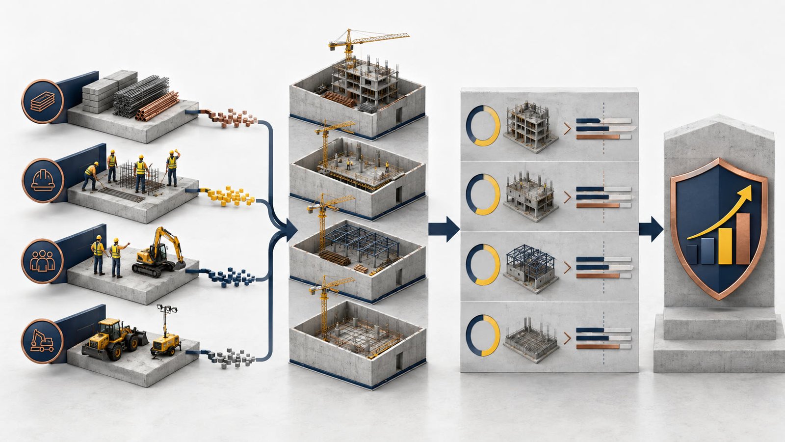 Construction job cost control connecting site records, labour, materials, plant, subcontract commitments, variations, and forecast completion
