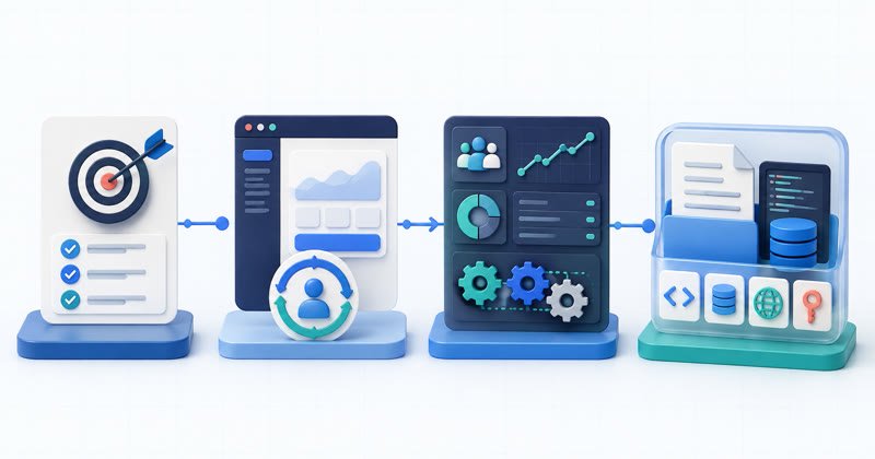Four-stage SaaS lifecycle from a focused problem to a recurring-revenue operation and documented asset transfer