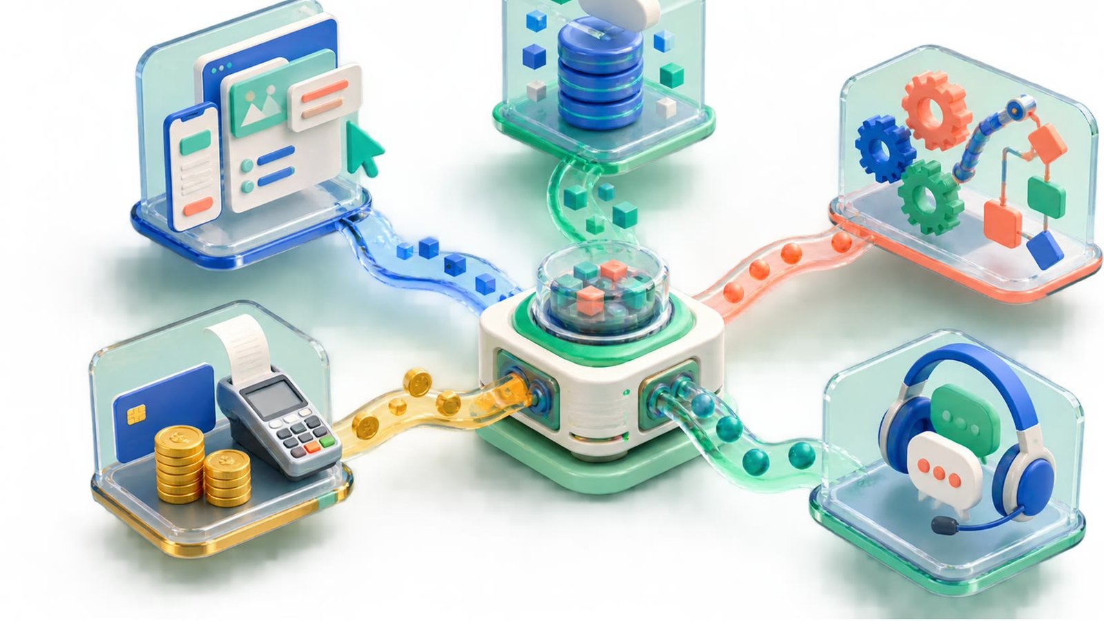 Modular no-code SaaS architecture with interface, identity, data, billing, automation, and monitoring components