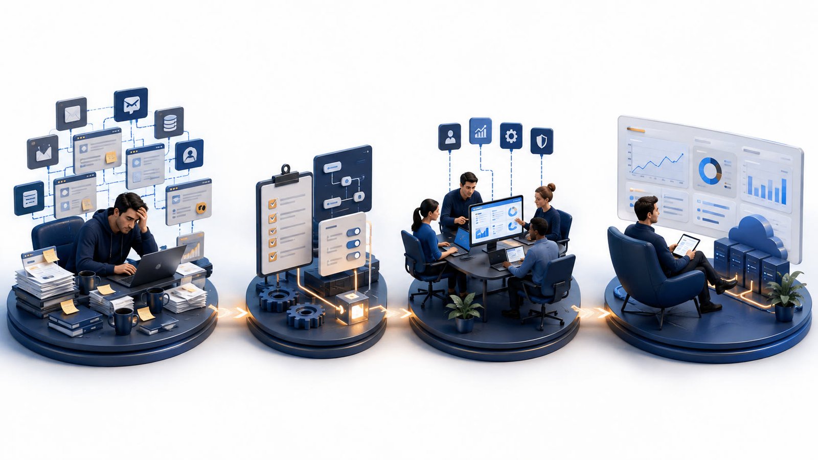 Editorial illustration showing recurring billing supported by product, support, security, finance, and customer success work