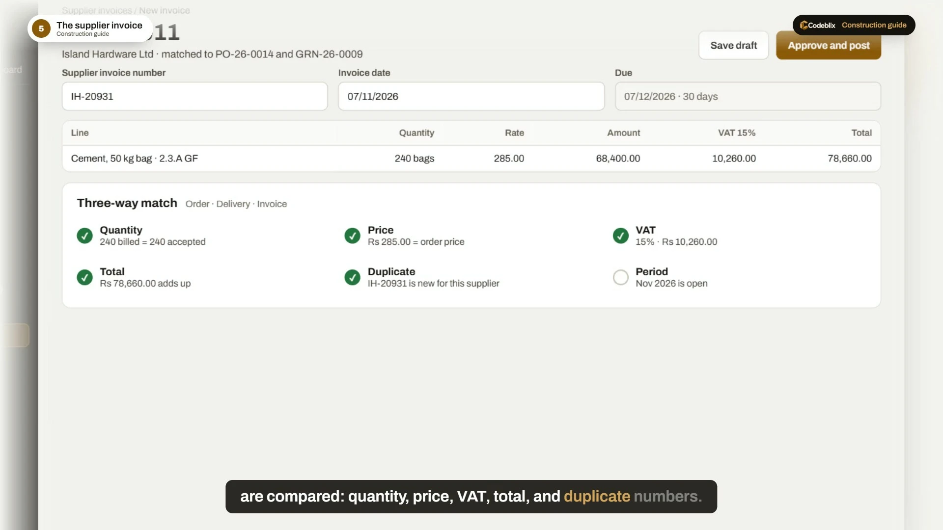 Illustrated three-way match between purchase order, accepted delivery and supplier invoice
