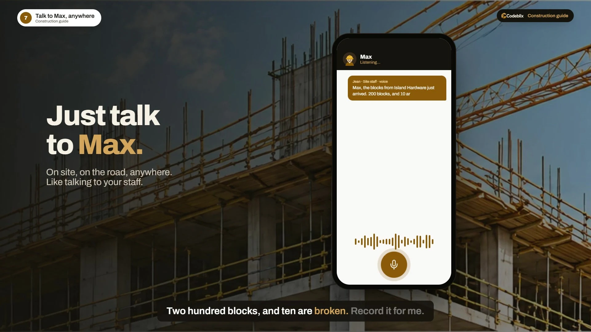 Illustrated mobile voice conversation with Max in the construction guide