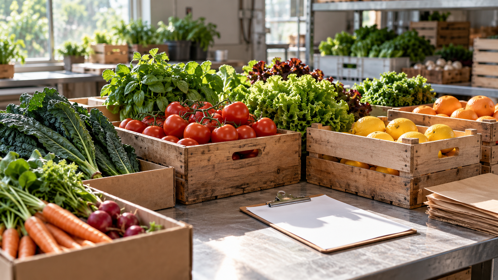 Fresh produce prepared in crates at a sunlit packing table