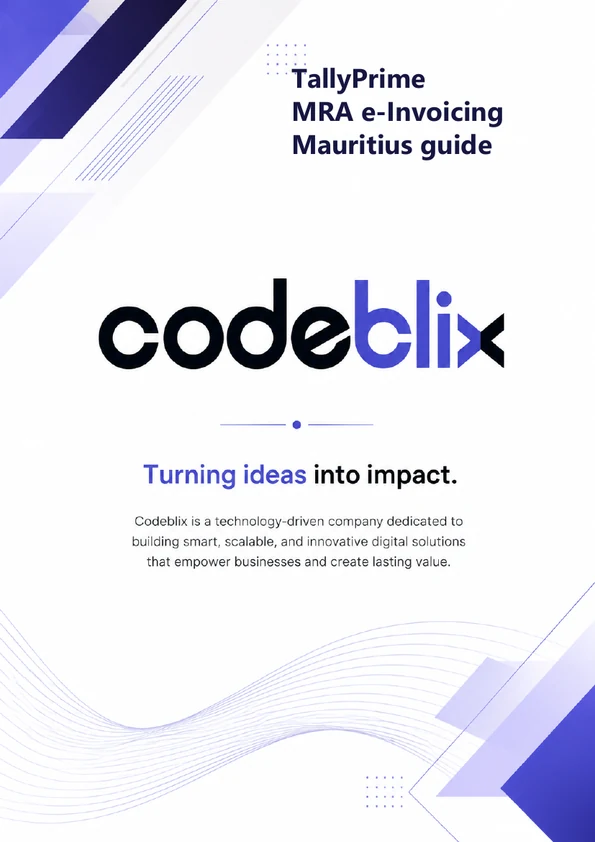 Cover of the TallyPrime MRA e-invoicing Mauritius guide by Codeblix