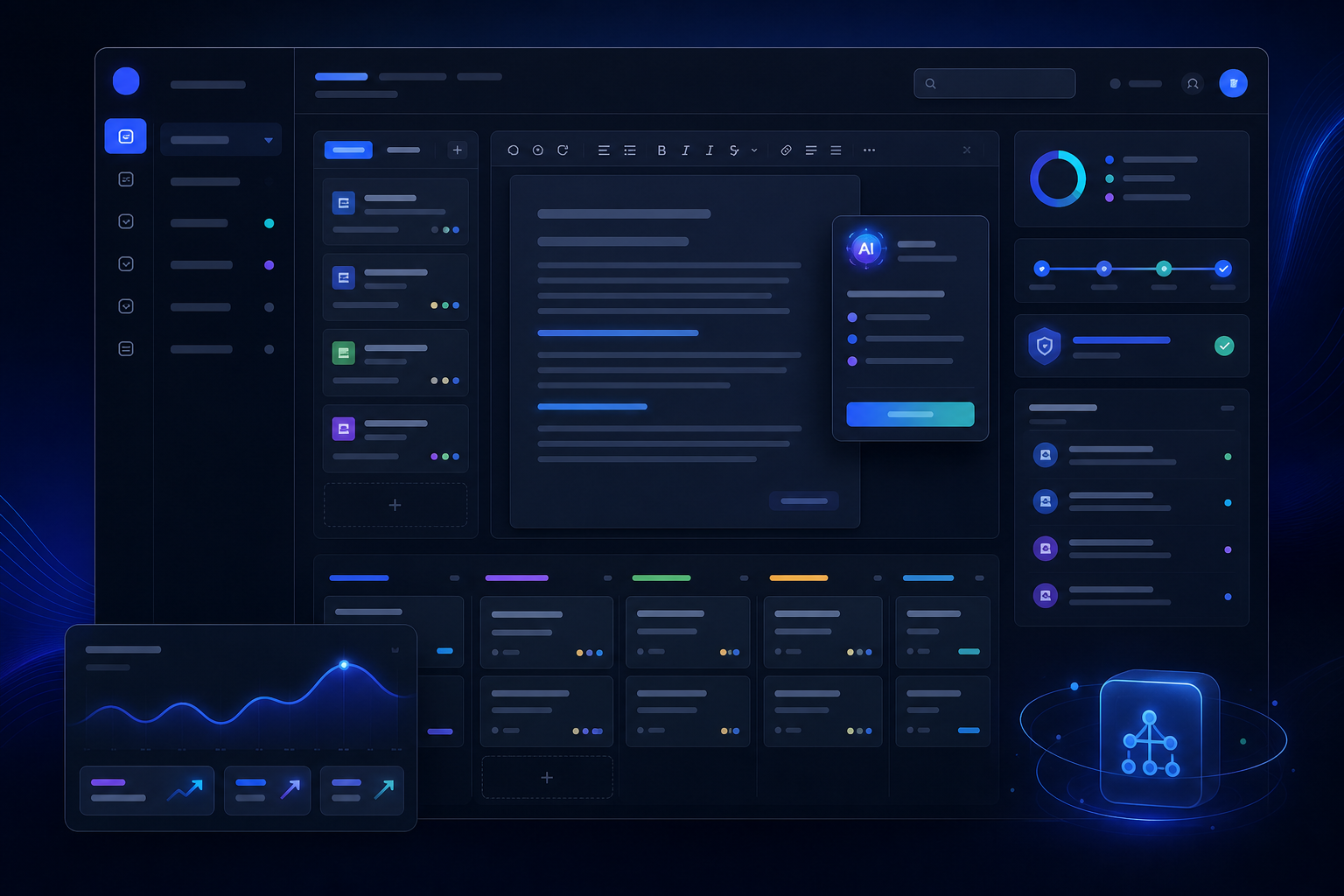 Collaborative AI SaaS workspace showing assisted tasks, document review and activity status