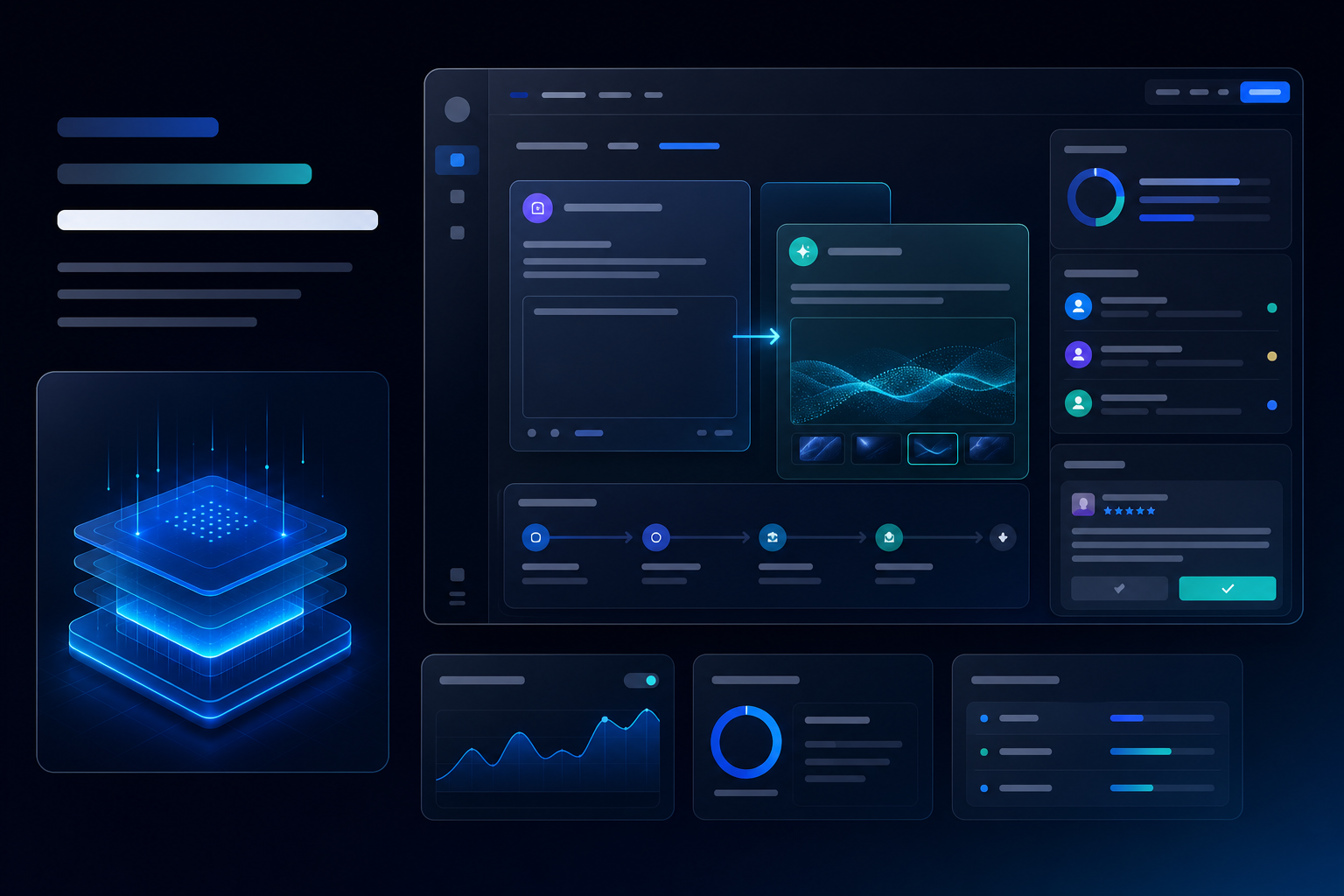 AI SaaS workspace showing prompt-to-result processing, usage limits and team review controls