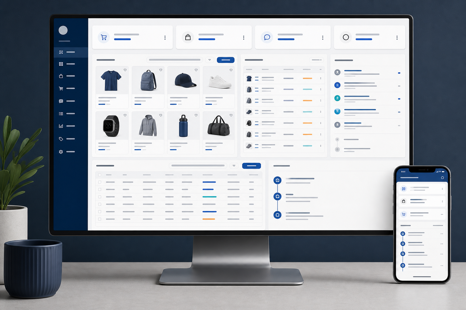 Mobile commerce management interface showing products, orders, customer messages and delivery status