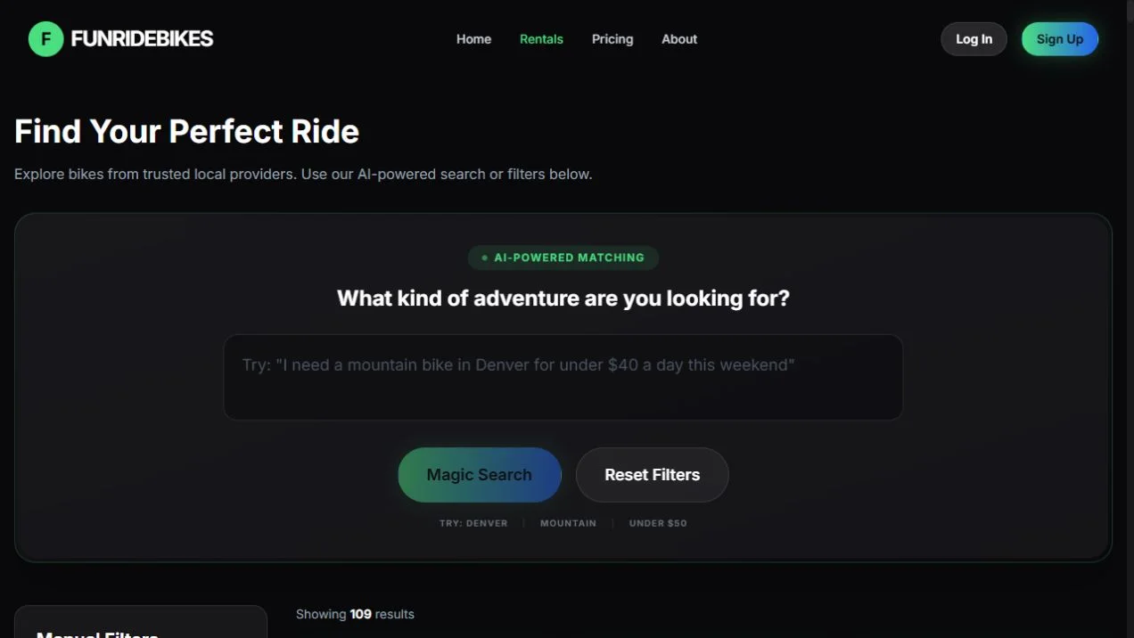 FunRideBikes demo bike search interface