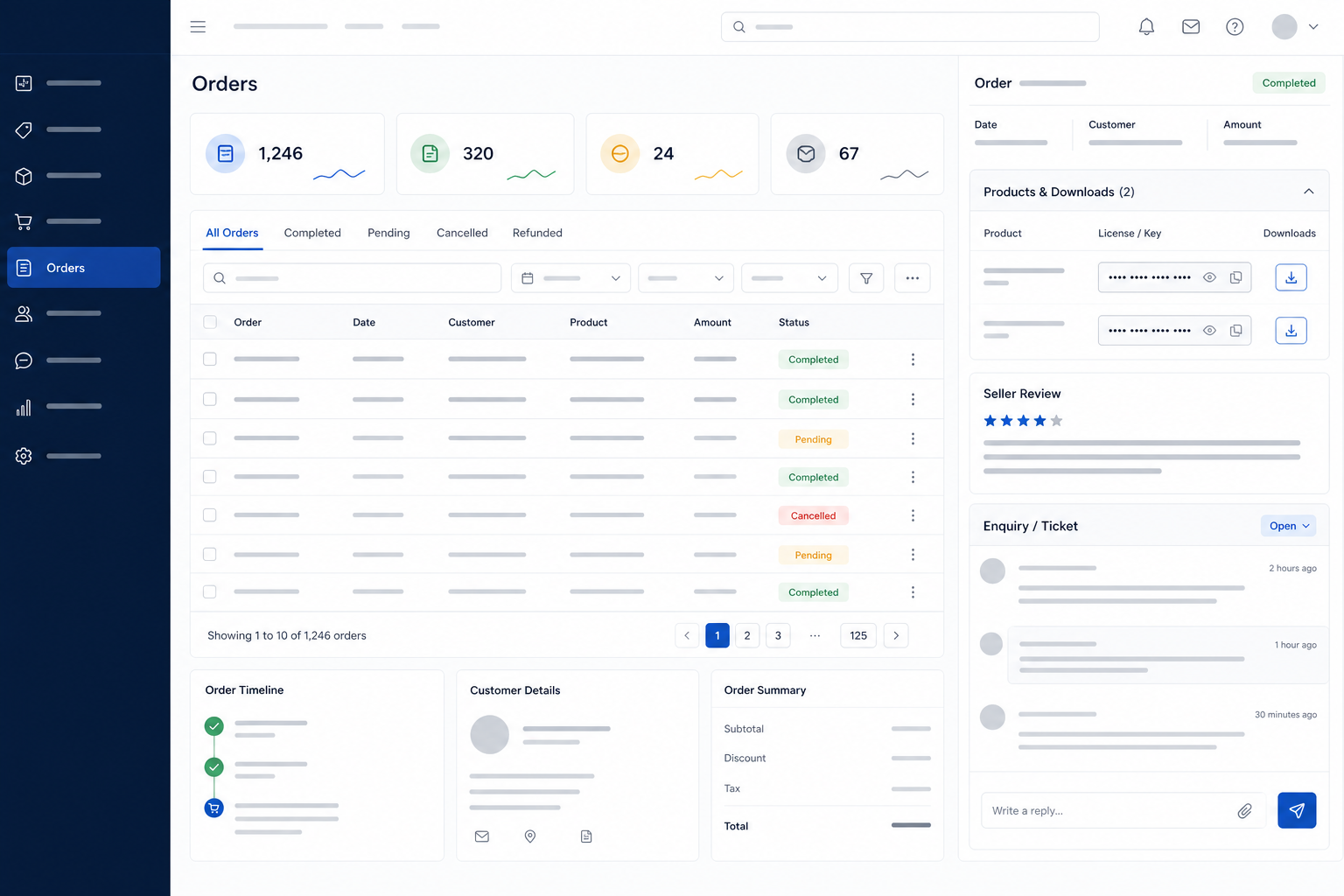 Digital goods marketplace showing product records, licence fields, delivery status, seller review and buyer enquiries