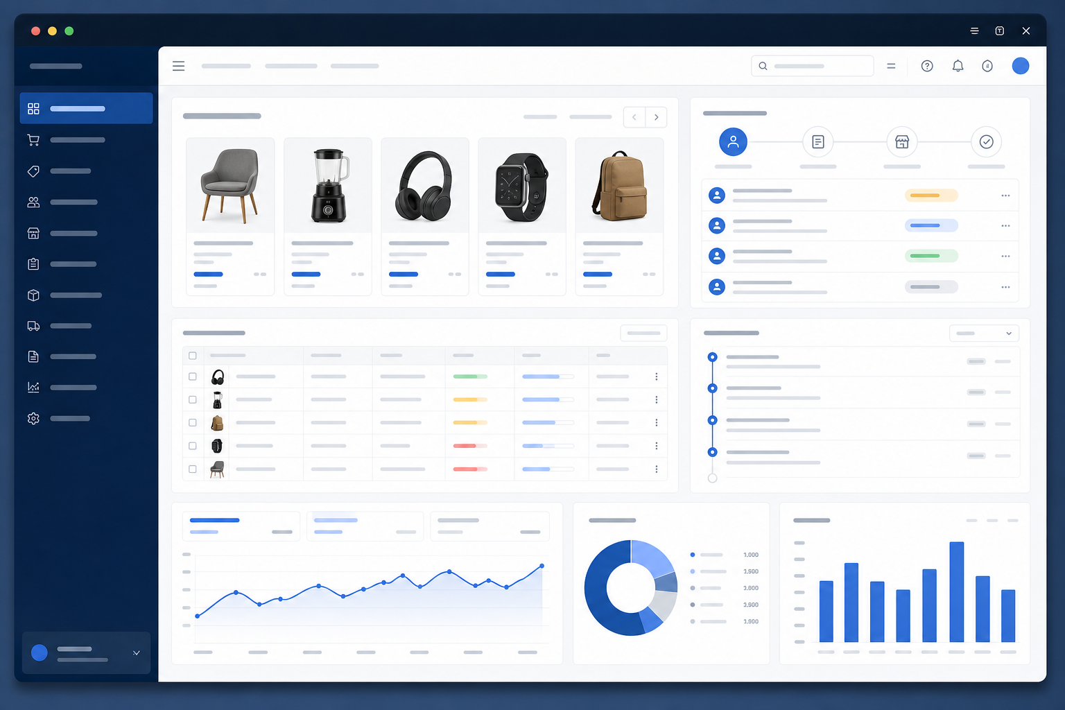 Marketplace management screen showing product discovery, vendor onboarding, stock availability, order tracking and reports
