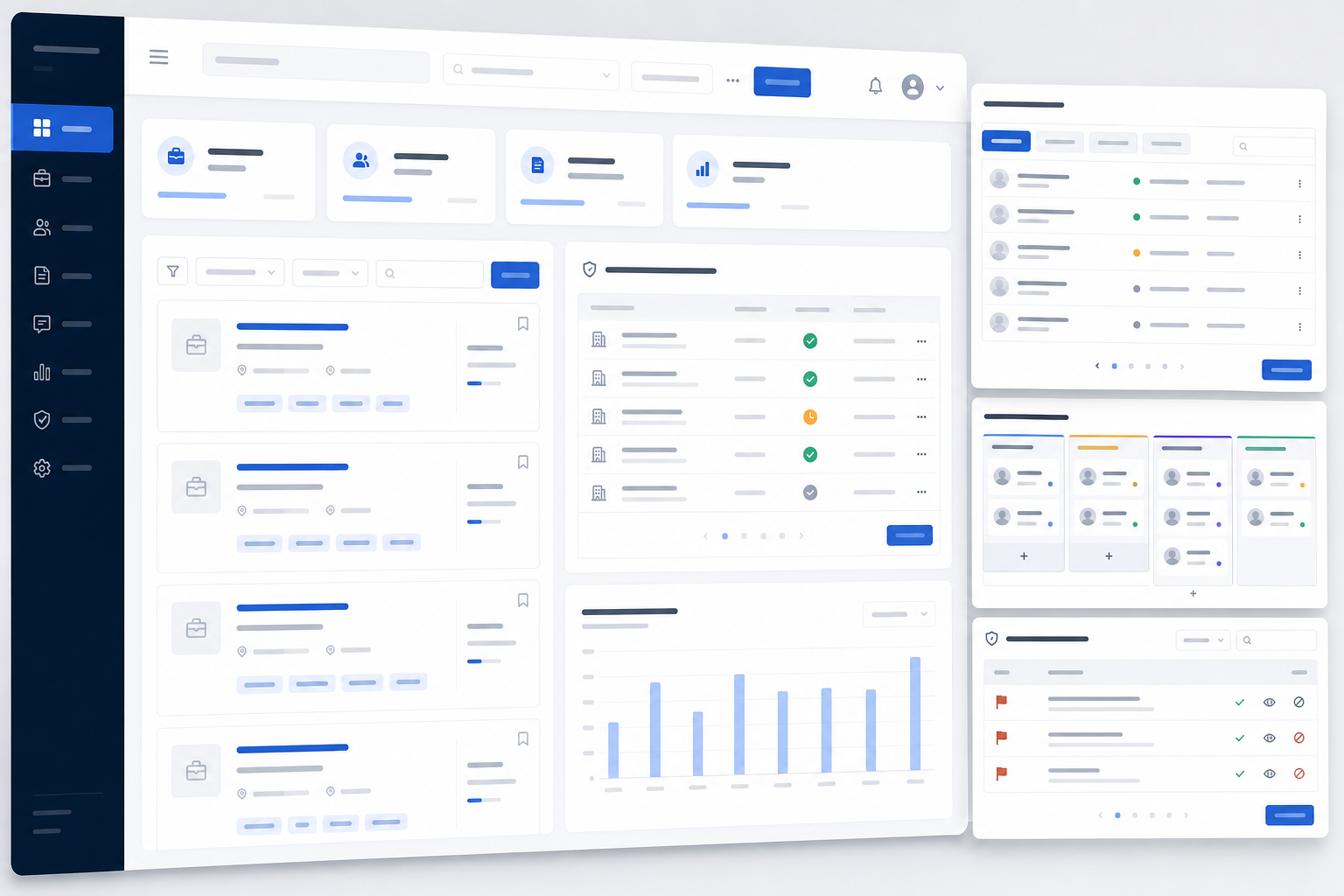 Recruitment marketplace interface showing job listings, employer verification, applications and moderation
