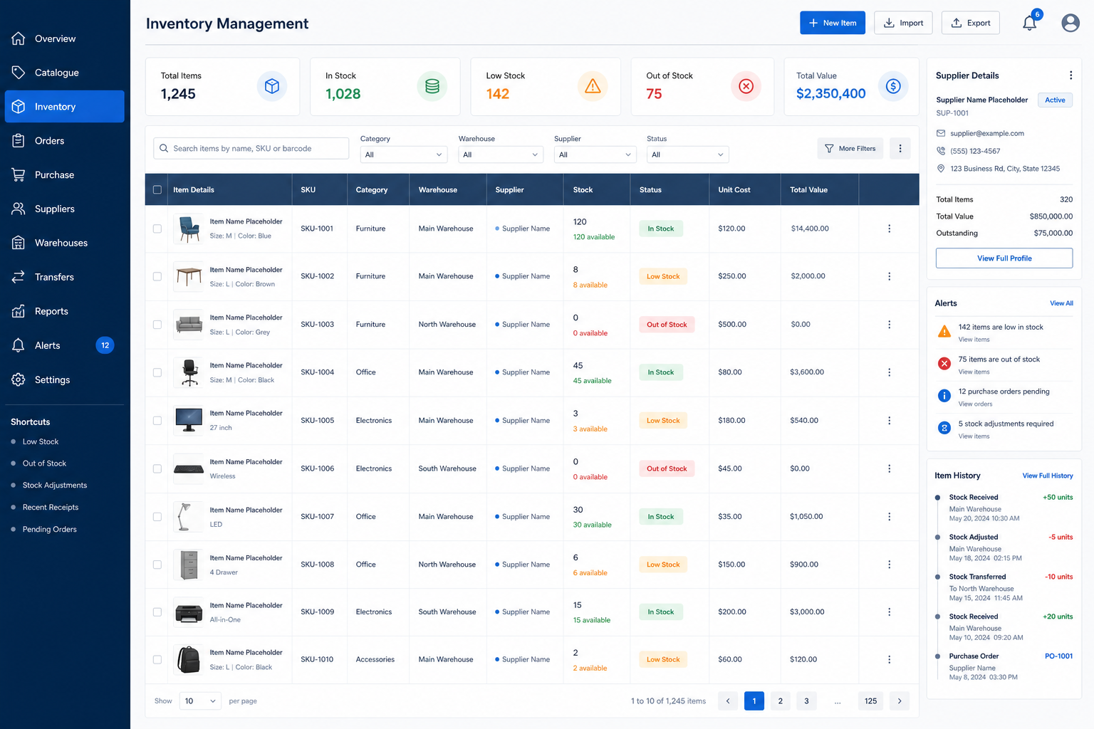 Catalogue operations interface showing stock records, availability, suppliers, low-stock alerts and item history