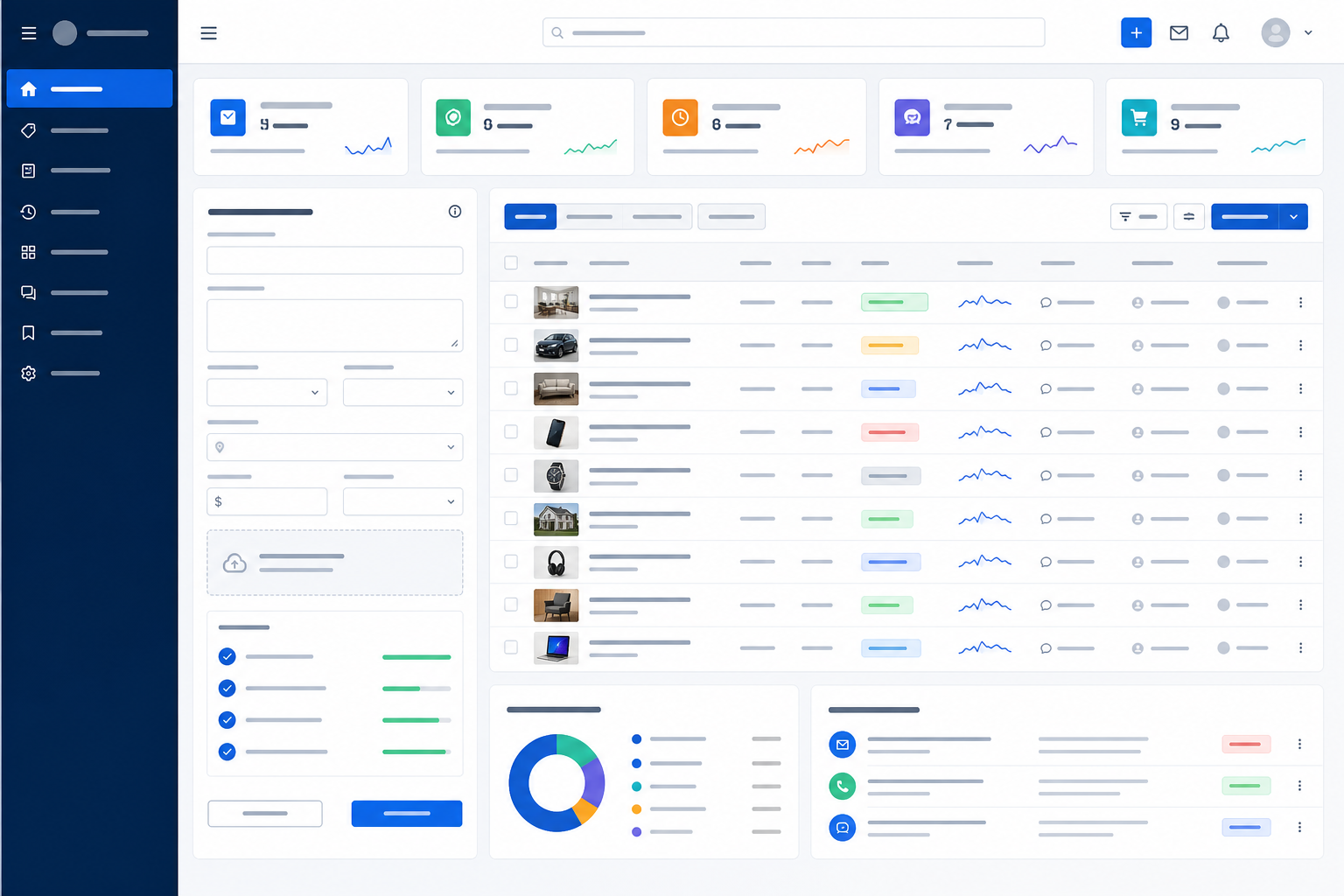 Listing management interface showing draft records, categories, media checks, moderation status and enquiries