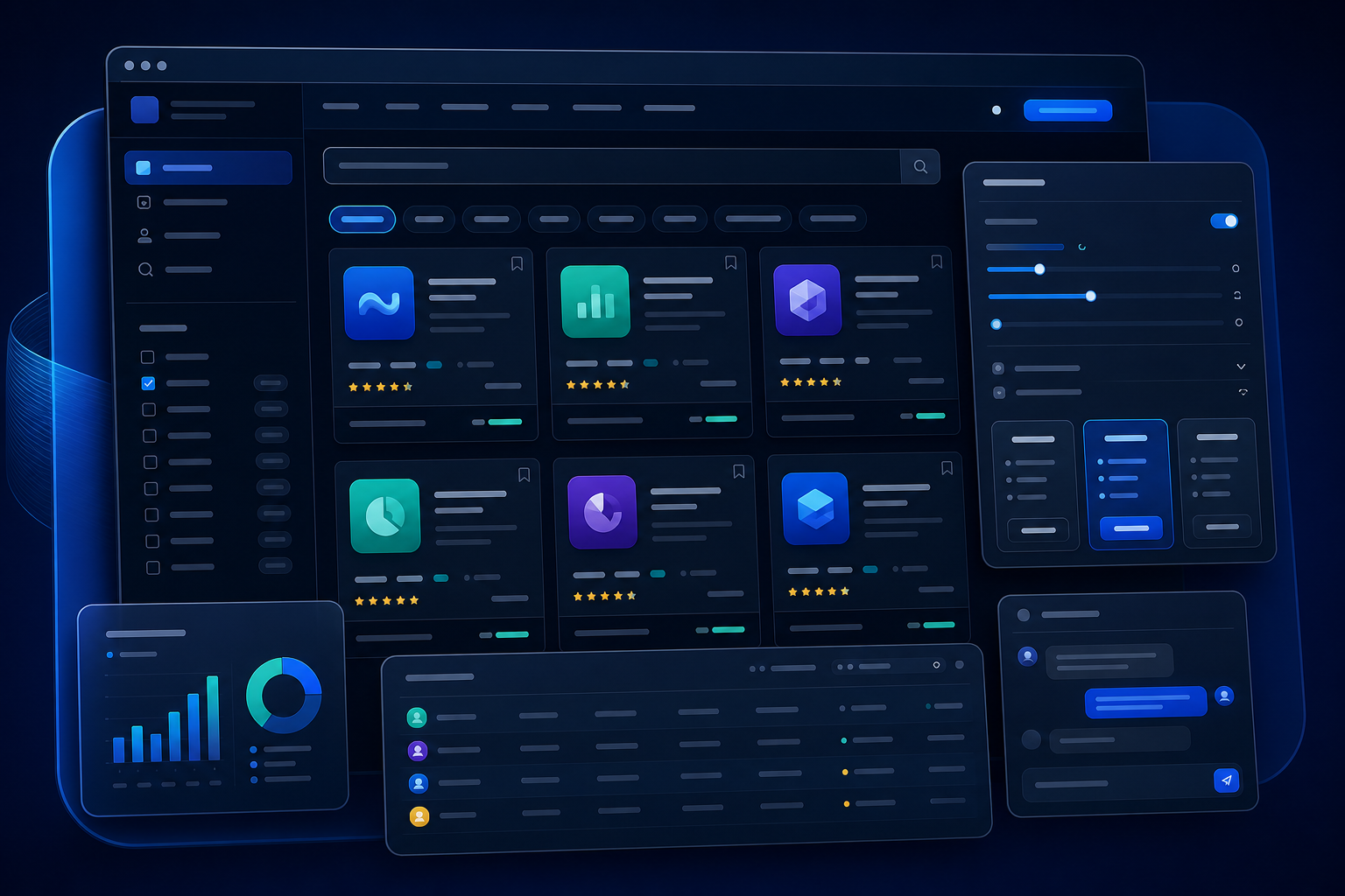 Compact software marketplace showing product cards, category filters, pricing and buyer enquiries