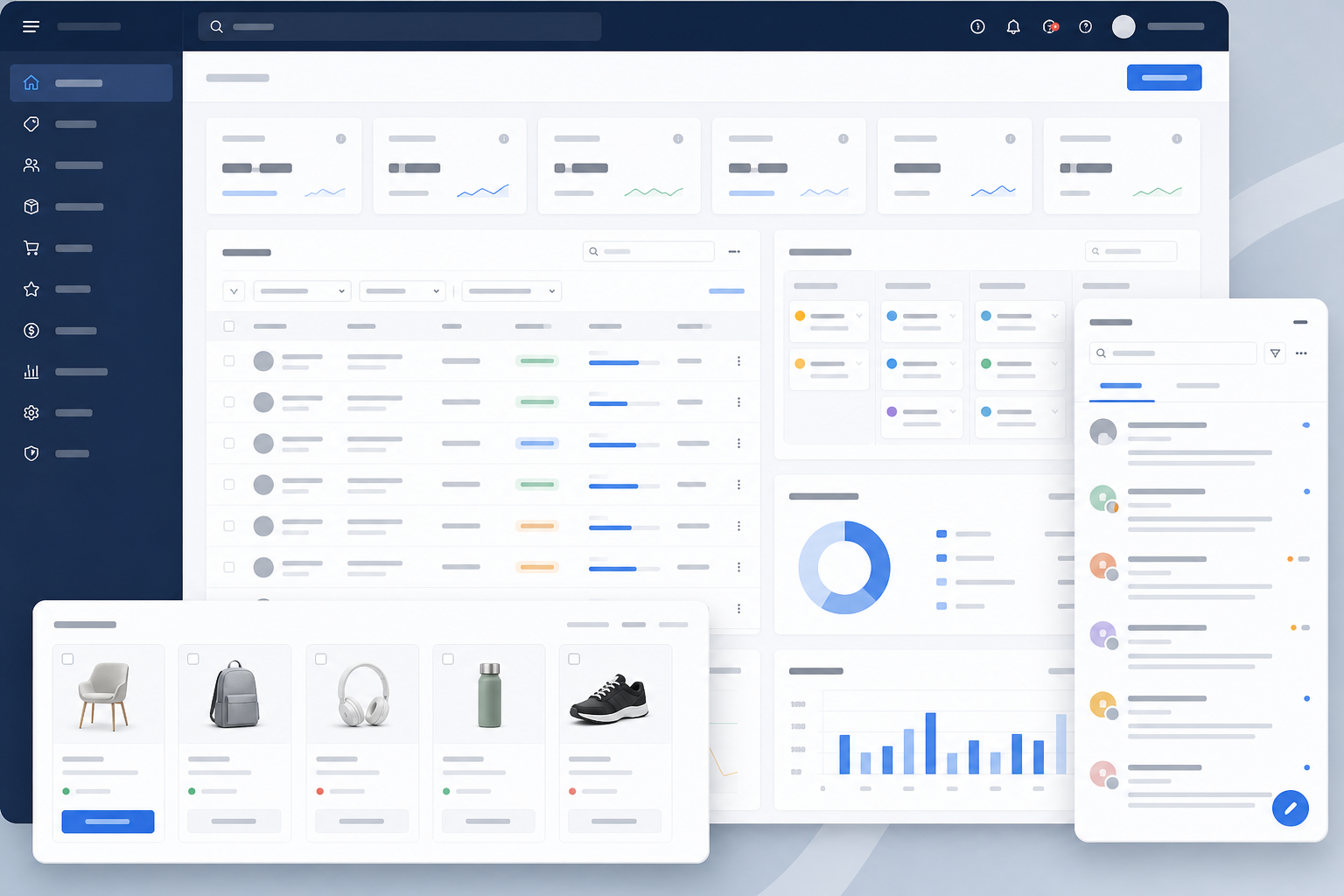 Marketplace administration workspace showing vendor records, product moderation, fulfilment status and support queue