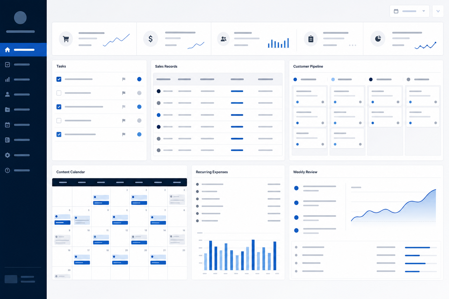 Owner-operator workspace showing tasks, sales records, customer pipeline, content calendar and expenses