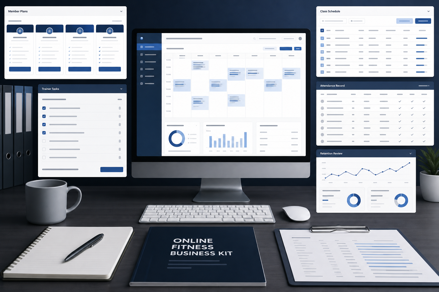 Fitness business workspace showing member plans, class schedule, trainer tasks, attendance and retention review