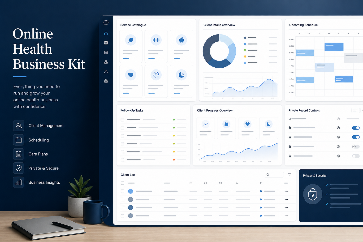 Health business workspace showing services, client intake, appointments, follow-up tasks and private records