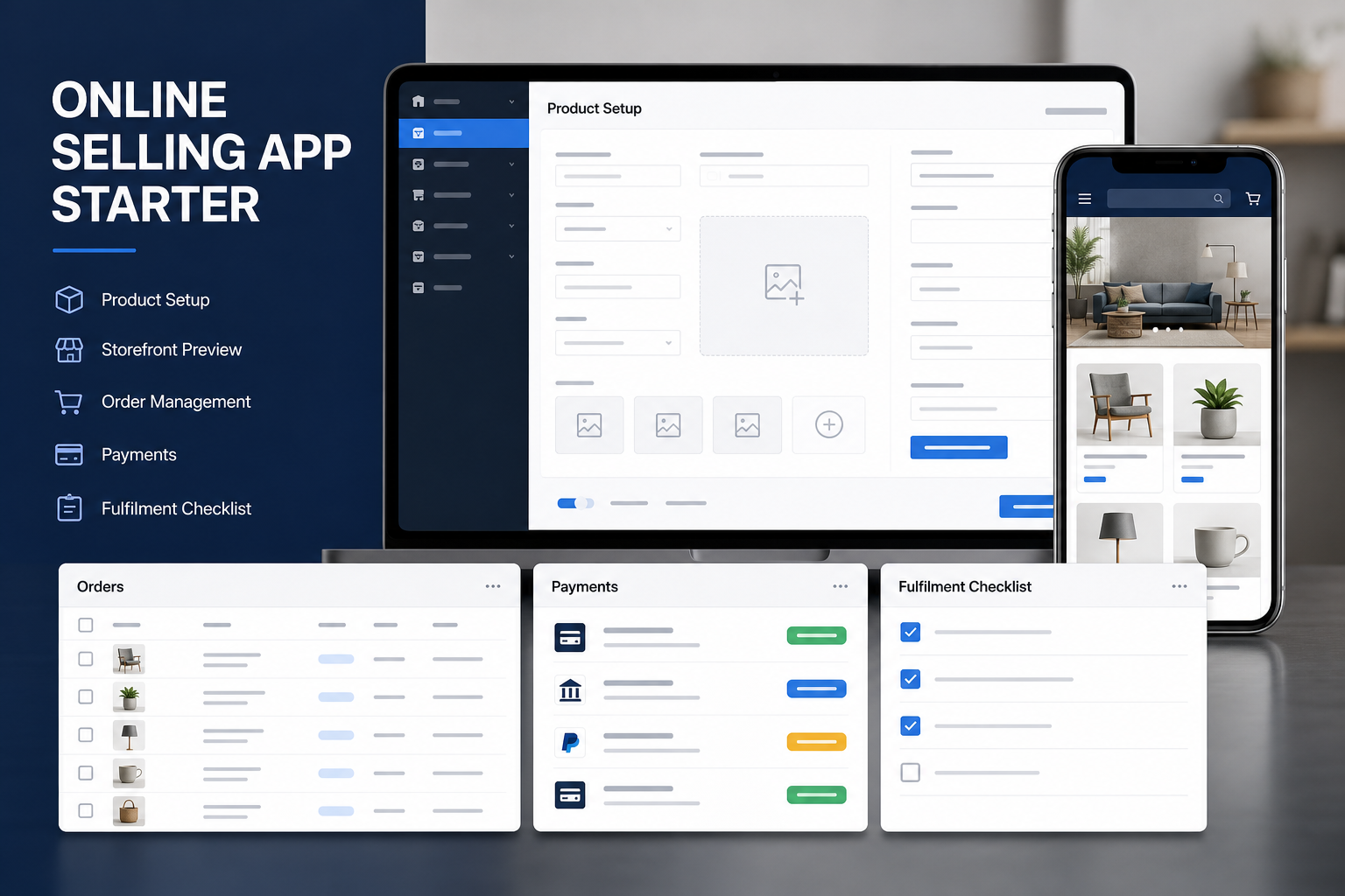 Merchant workspace showing product setup, storefront preview, customer orders, payment status and fulfilment