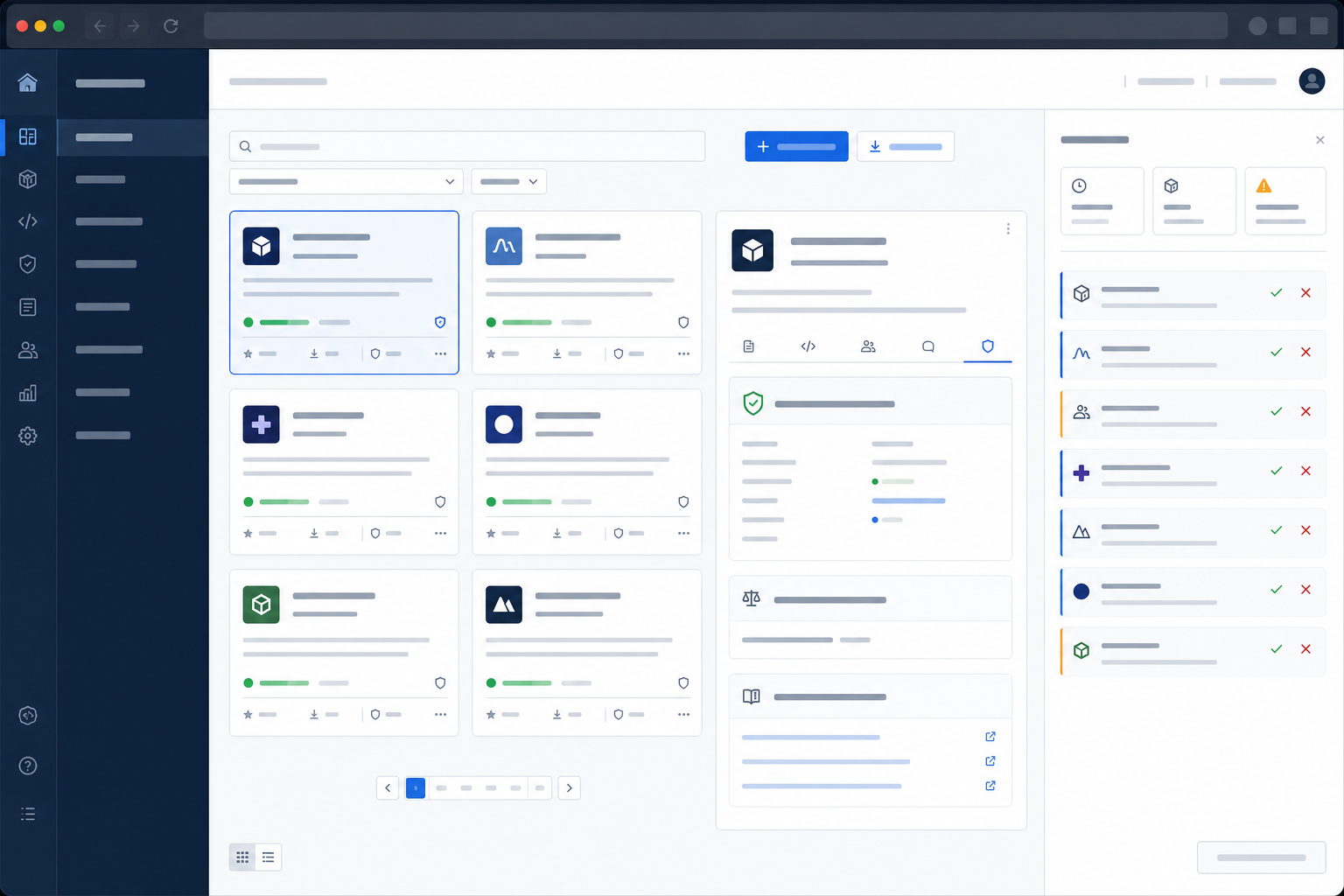 Open-source catalogue interface showing package records, licences, versions, maintainers and review workflow