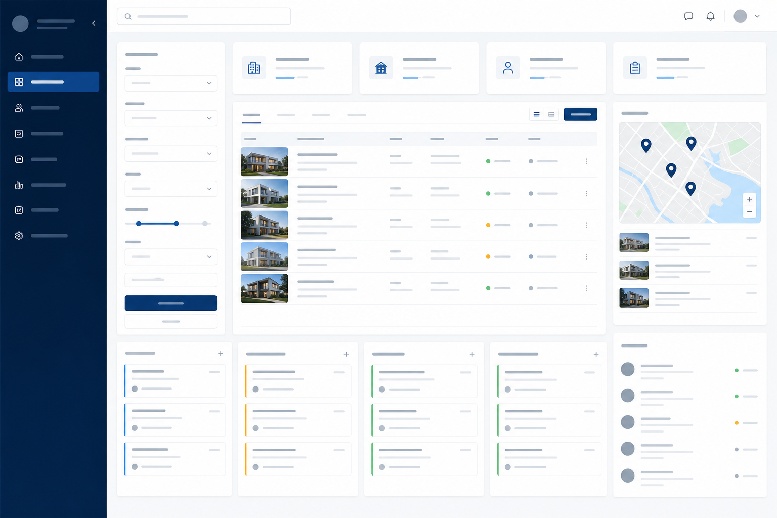 Property marketplace interface showing listings, location filters, viewing requests, agent status and enquiries