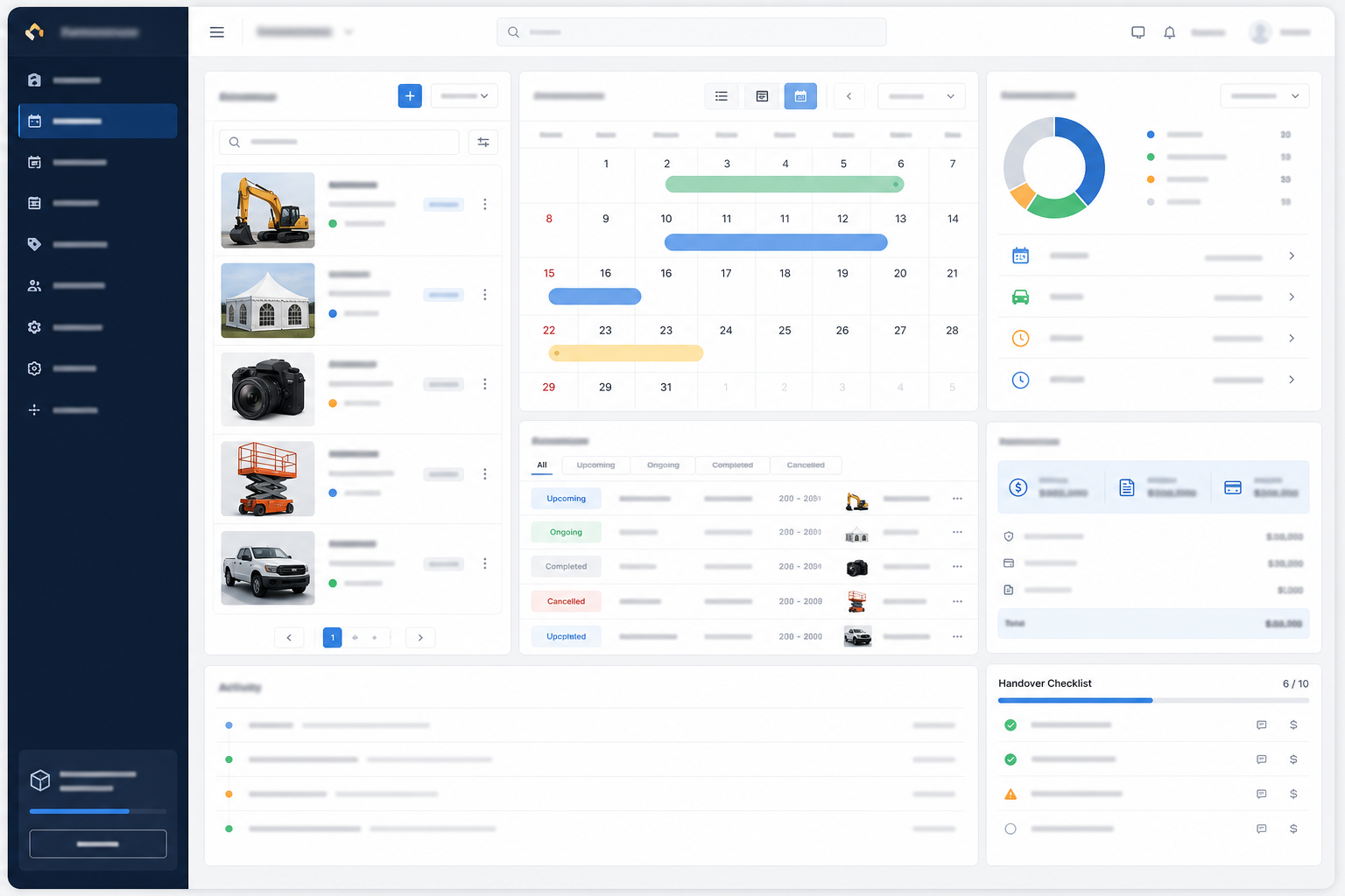 Rental operations interface showing asset listings, availability, reservations, deposits and handover checks