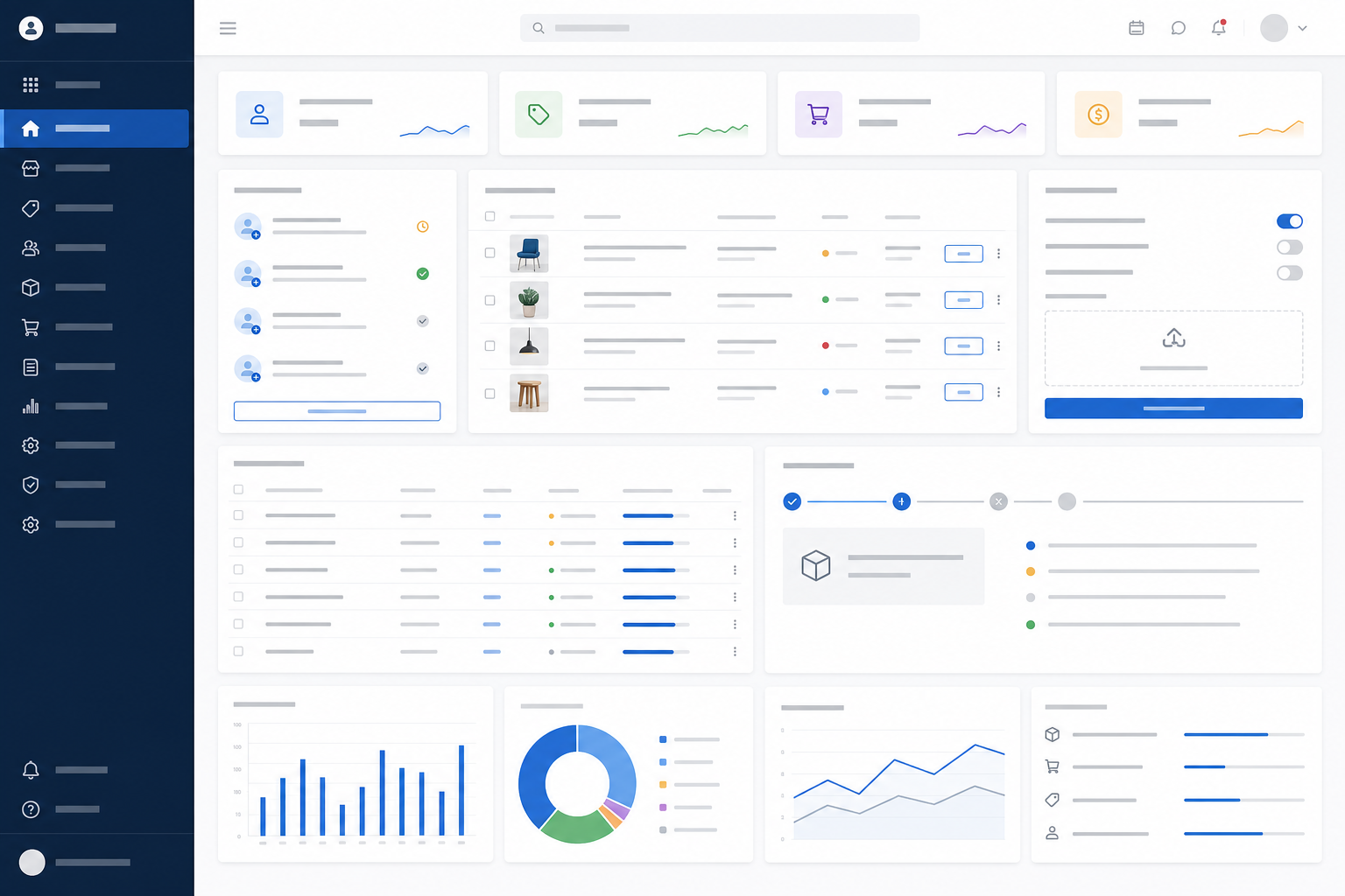 Hosted commerce administration interface showing vendor onboarding, product approval, storefront settings and fulfilment review
