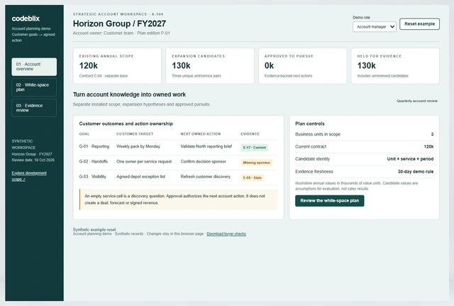 Account planning demo with three customer goals, 120k existing scope and 130k expansion candidates awaiting review