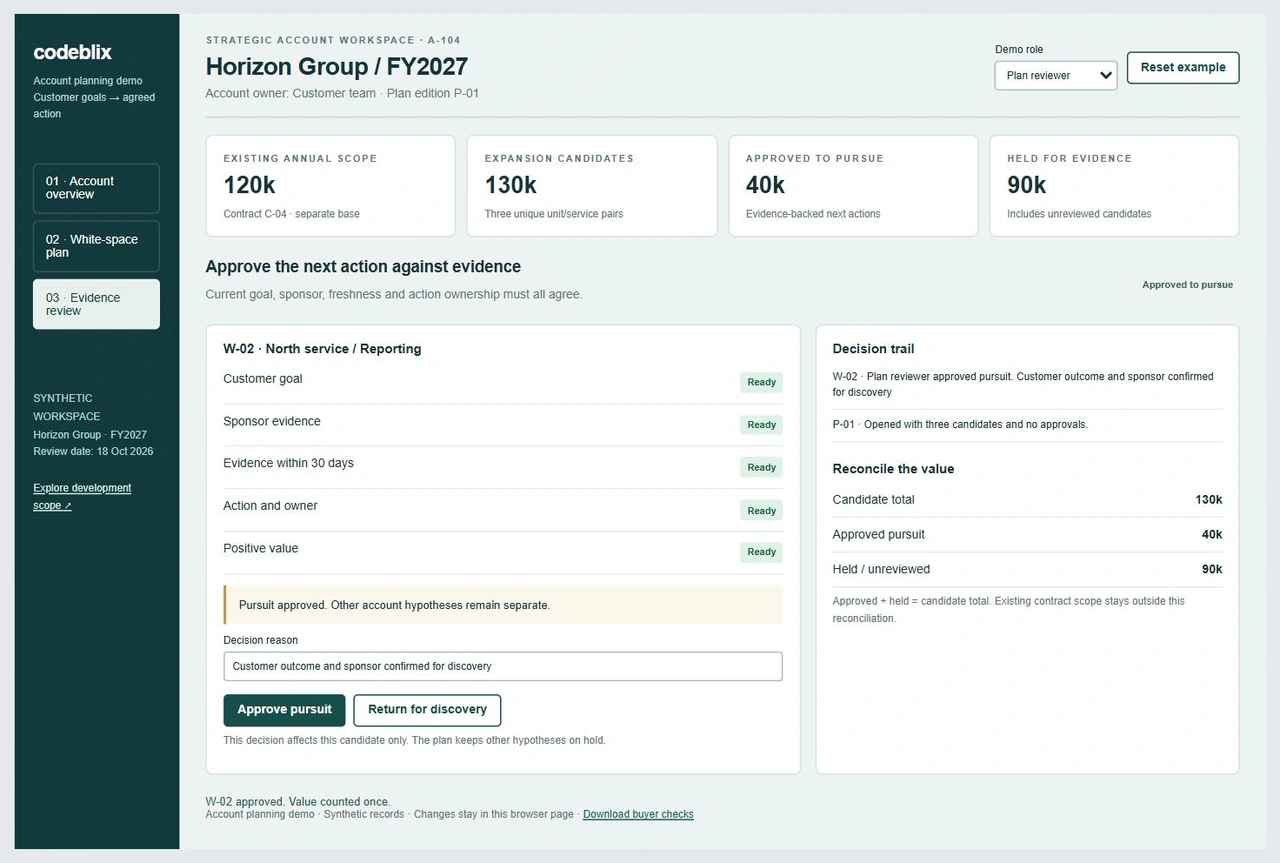 Plan reviewer approval screen with W-02 approved at 40k and 90k of expansion candidates held for further evidence