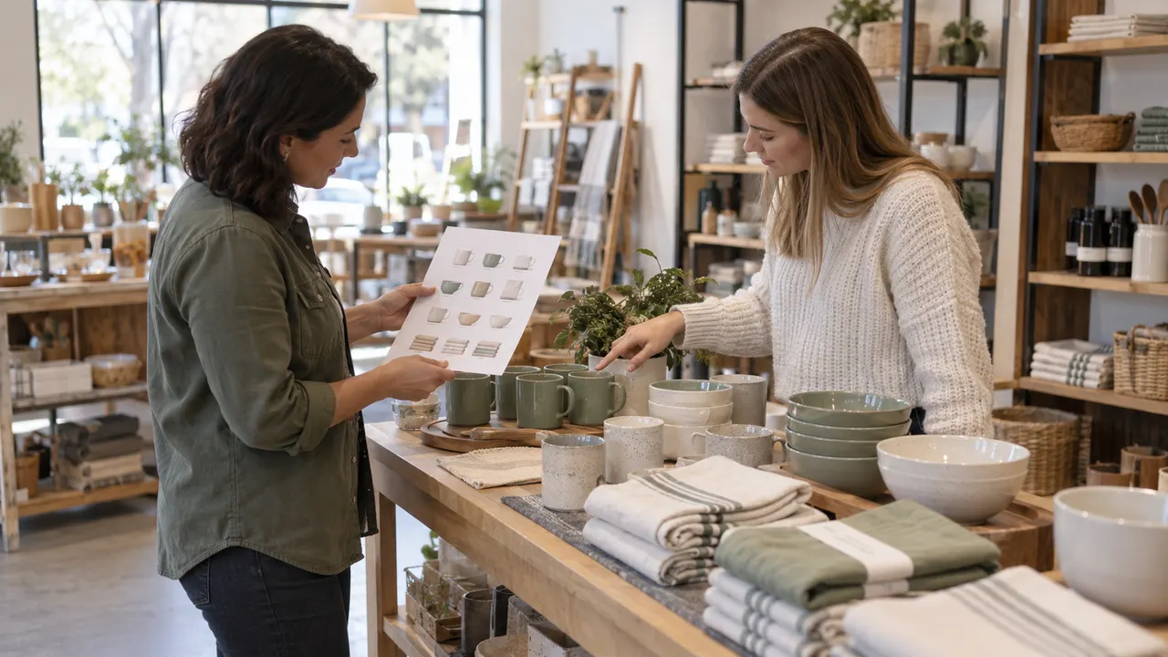 Two retail staff comparing a product thumbnail sheet with mugs bowls and folded linens on a display