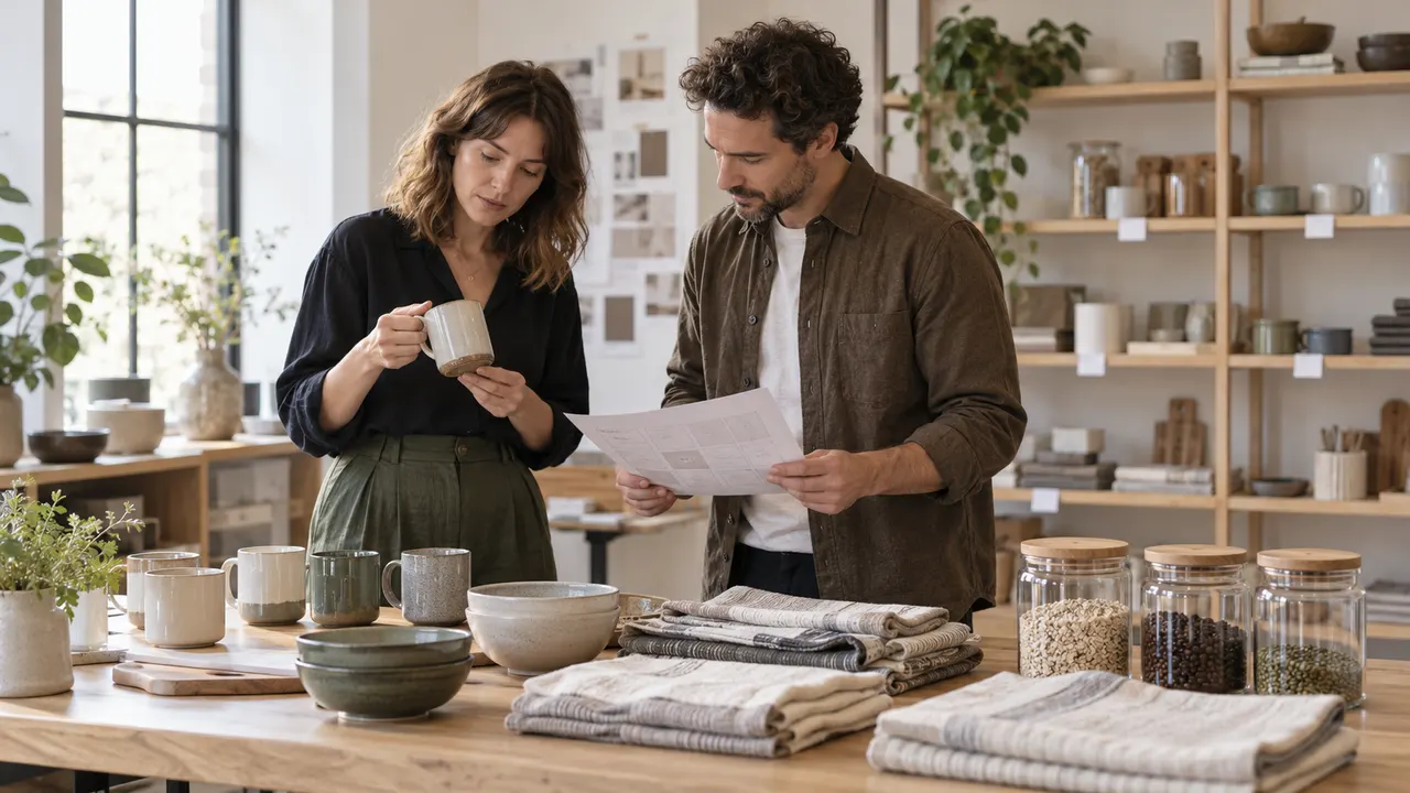 Two colleagues comparing a ceramic mug and a paper range grid beside homeware samples