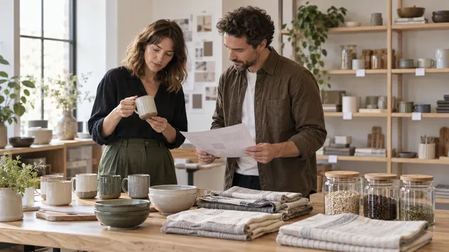 Two colleagues comparing a ceramic mug and a paper range grid beside homeware samples