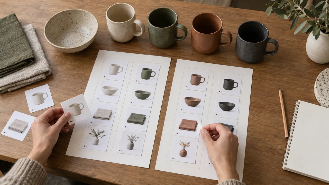 Hands arranging product cards on two paper grids beside ceramic mugs and folded linens