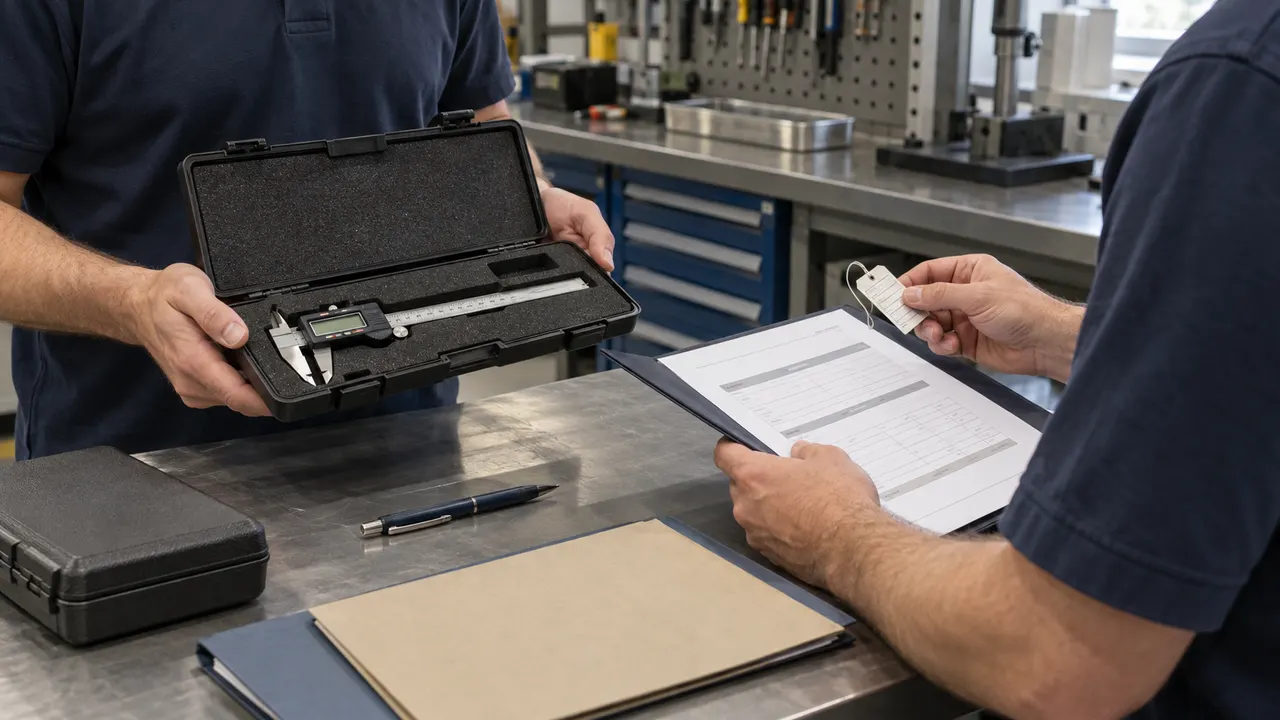 A colleague holding an open caliper case while another compares a paper tag with a document