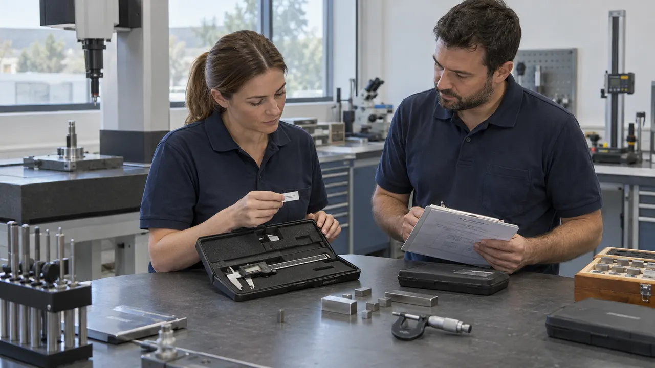 Two technicians checking a caliper case and a small tag beside measuring instruments on a bench