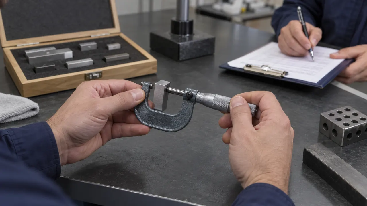 Hands holding a micrometer around a steel block while a colleague writes on a clipboard