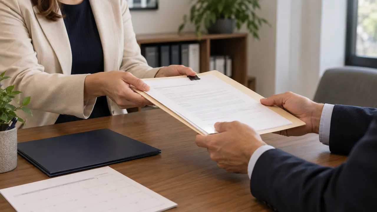 Hands passing a clipped paper bundle in a beige folder across a wood desk beside a navy folder