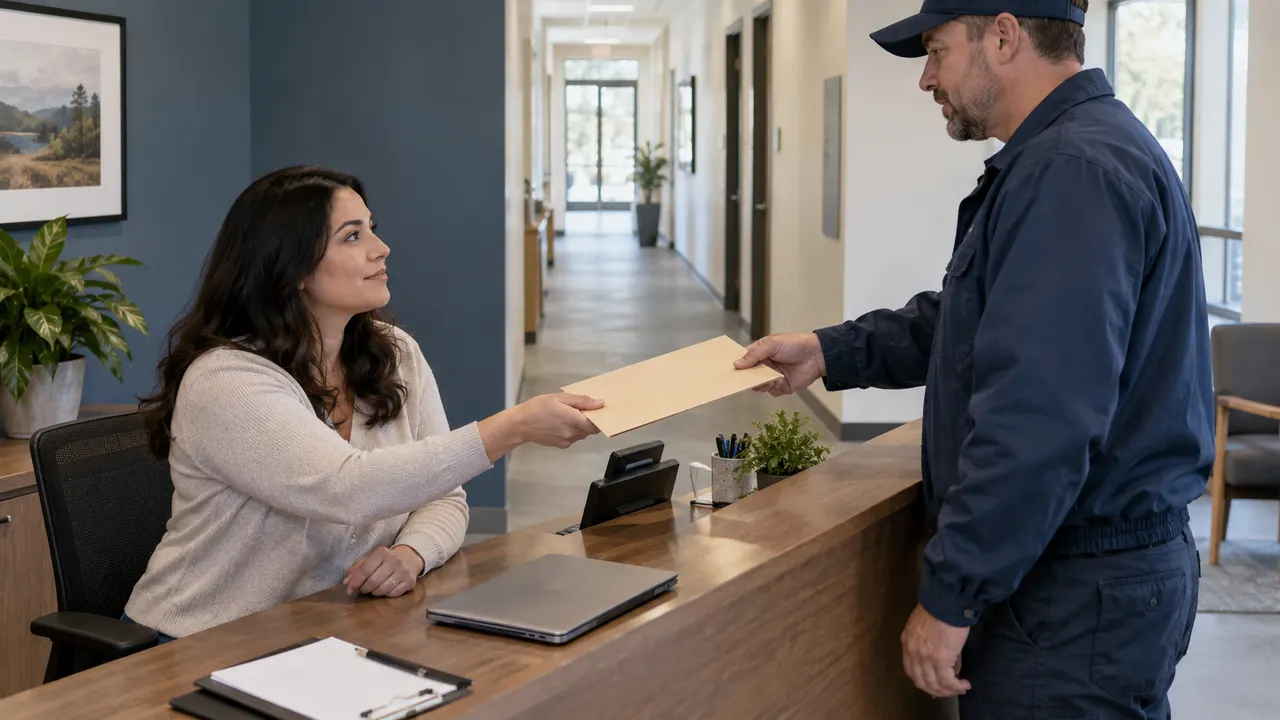 A maintenance contractor handing a plain folder to a coordinator at an office reception desk
