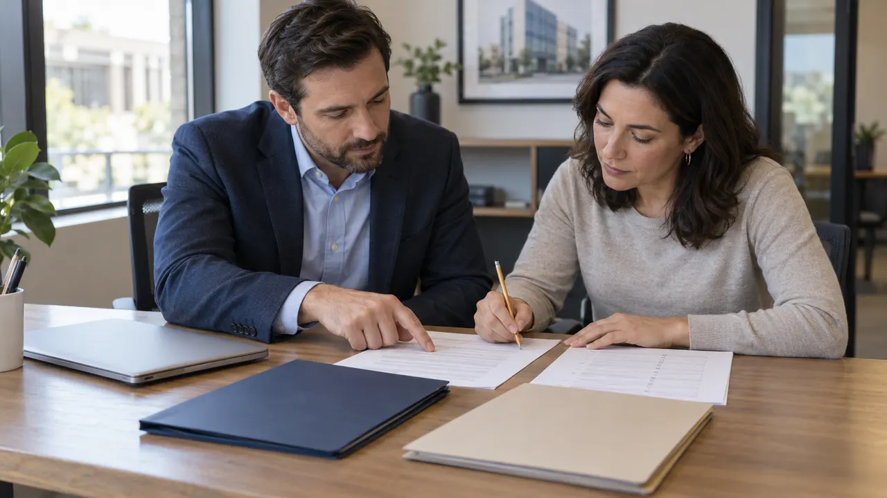 Two colleagues comparing paper documents and making a pencil note beside navy and beige folders