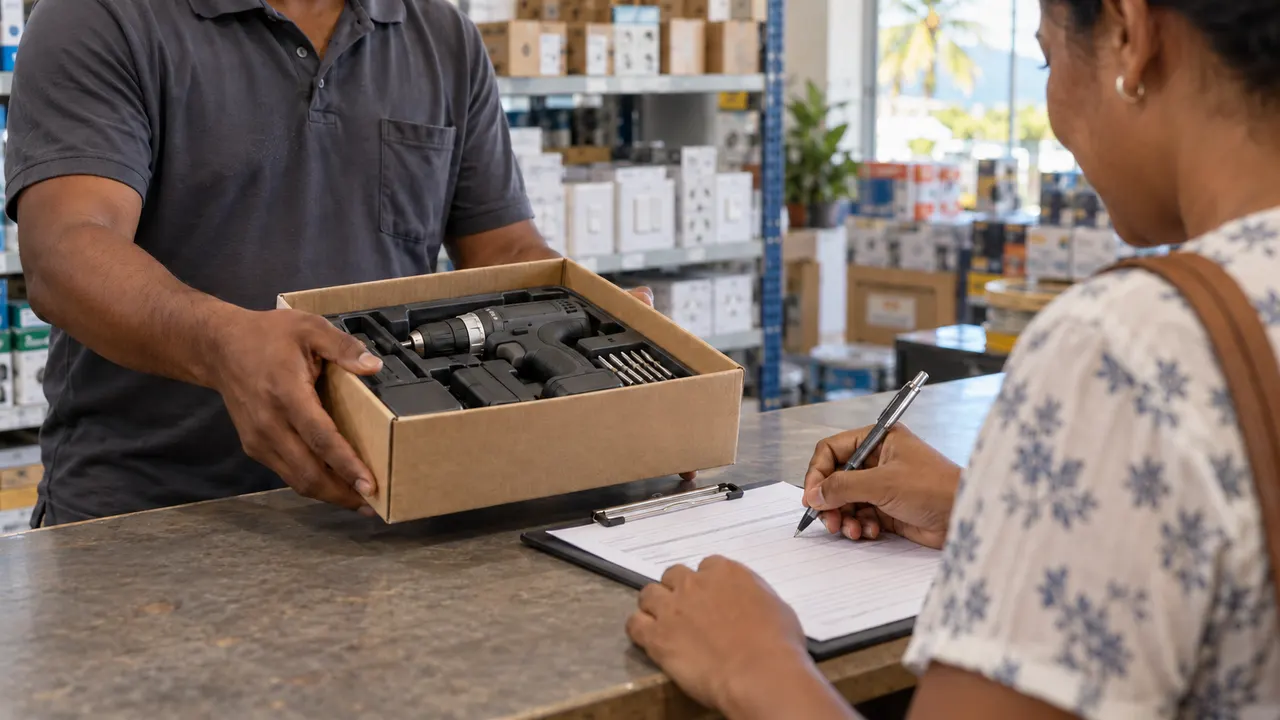 A reseller signing a receipt as a staff member hands over a boxed cordless toolkit