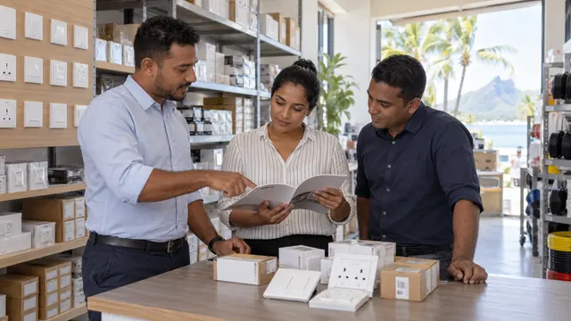 Three colleagues reviewing a booklet beside boxes of electrical switches in a distributor showroom