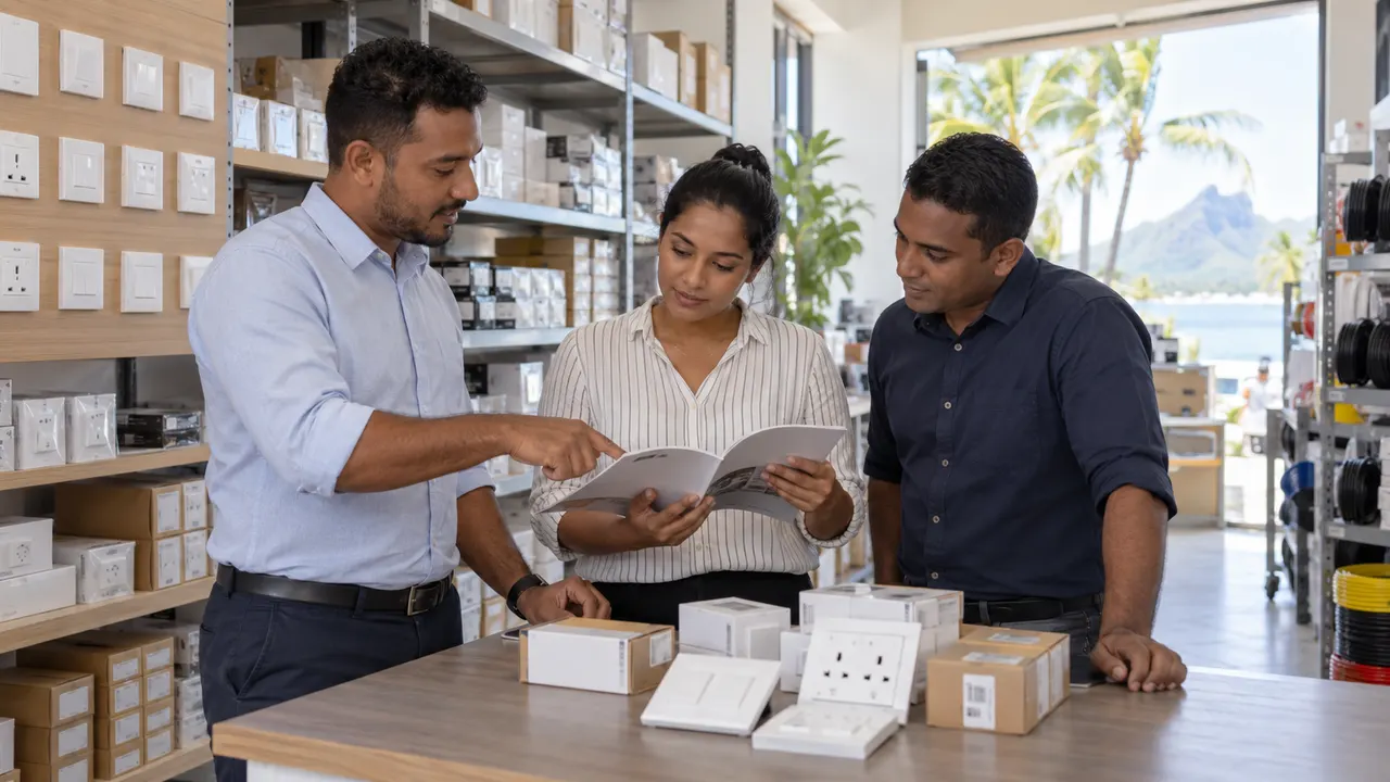 Three colleagues reviewing a booklet beside boxes of electrical switches in a distributor showroom