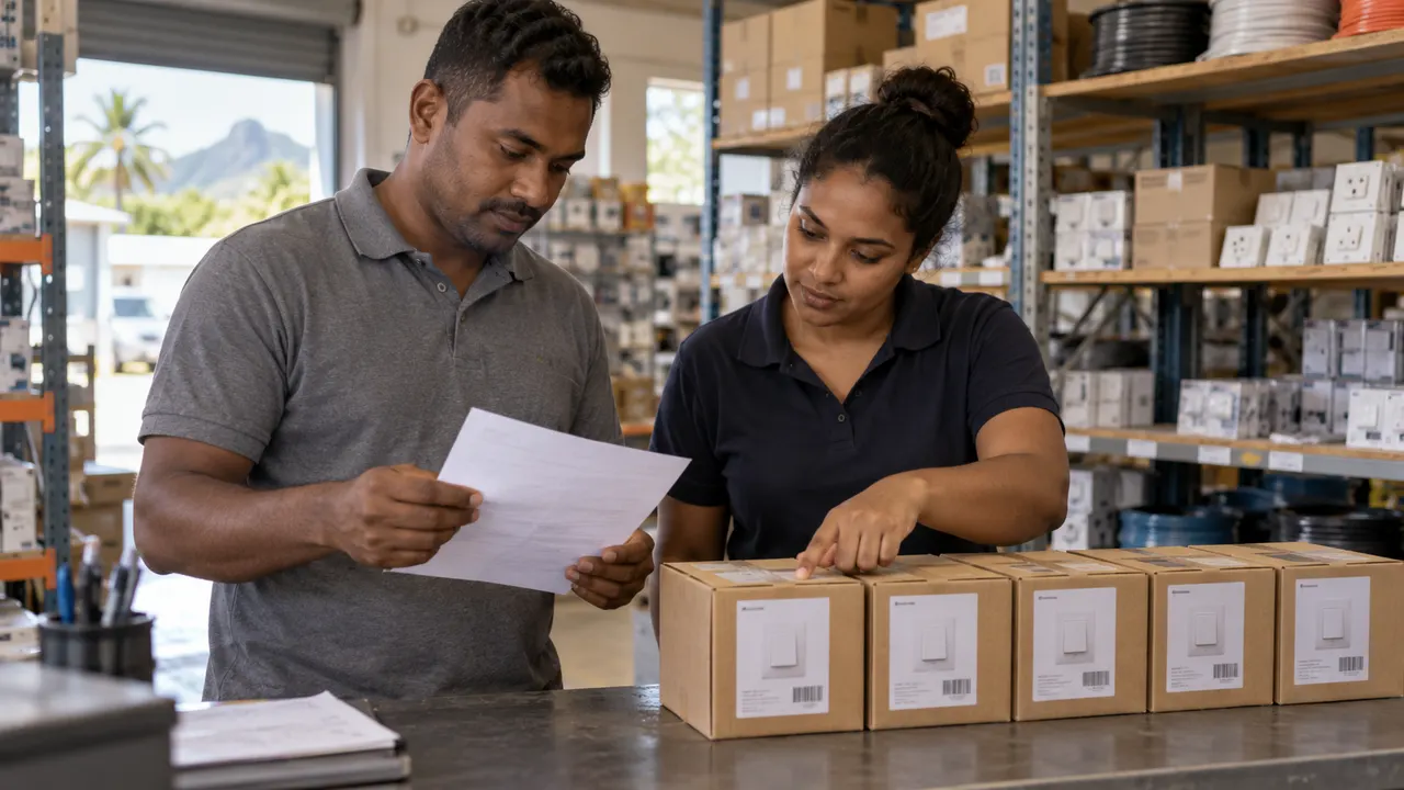 Two colleagues comparing a paper receipt with labels on a row of boxed electrical switches