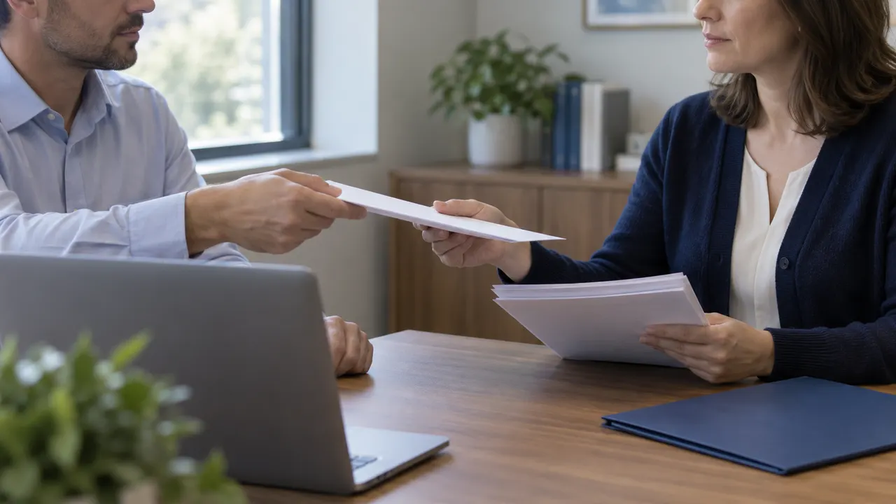 Two office colleagues passing paper documents across a desk beside a laptop and a blue folder