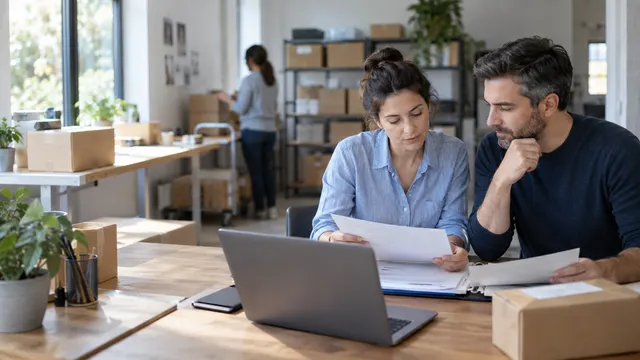 Two office colleagues reviewing paper records beside a laptop in a merchant packing area