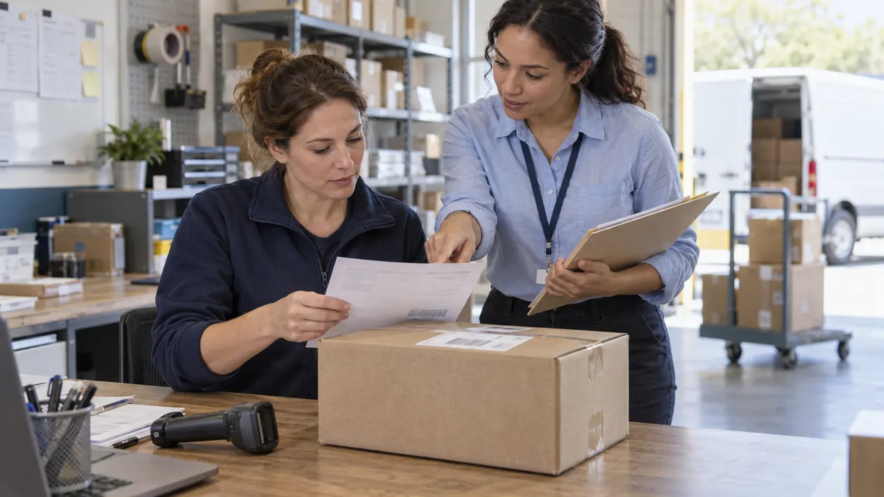 Two fulfillment colleagues comparing paper documents beside a parcel and a handheld scanner
