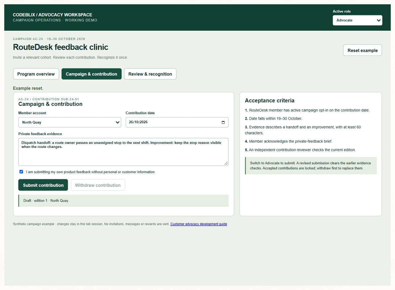 Private feedback contribution form for North Quay with a dispatch handoff improvement, 26 October date and participation acknowledgement