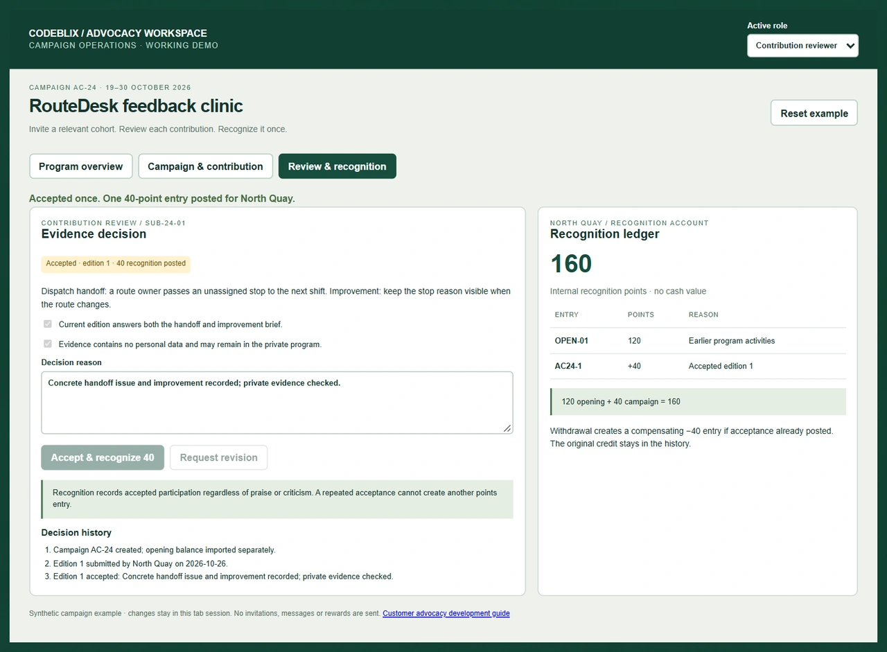 Accepted contribution edition with two evidence checks, a reviewer reason and one 40-point entry bringing the recognition balance from 120 to 160