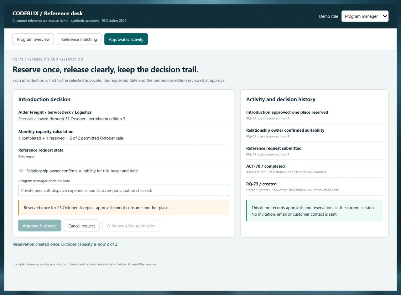 Reference approval screen showing Alder Freight at one completed plus one reserved October call, owner confirmation and retained approval history